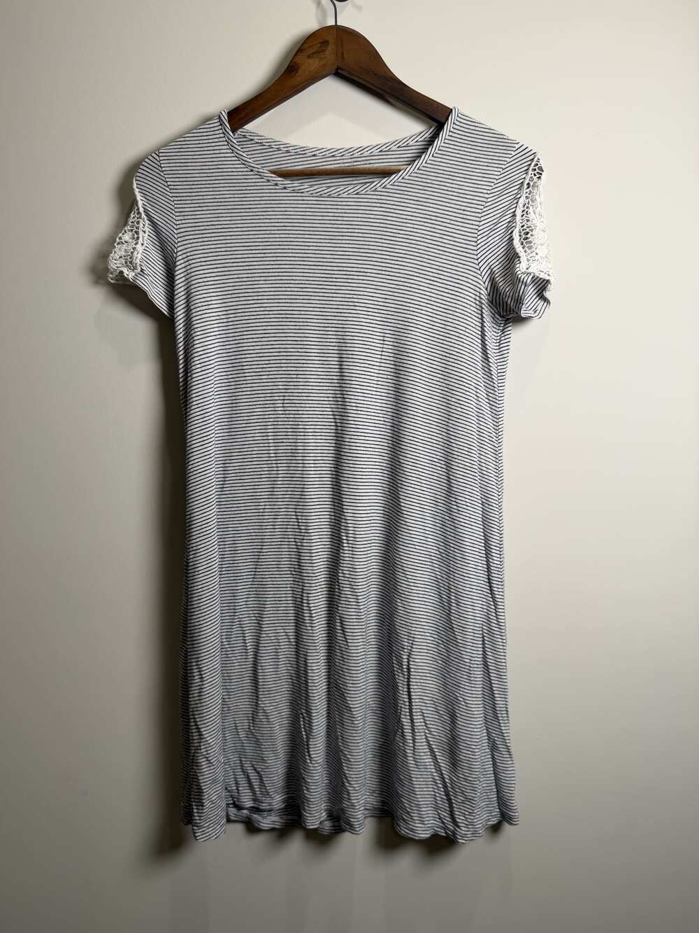 Striped Short-Sleeve Dress with Crochet Lace Sleeve Panels